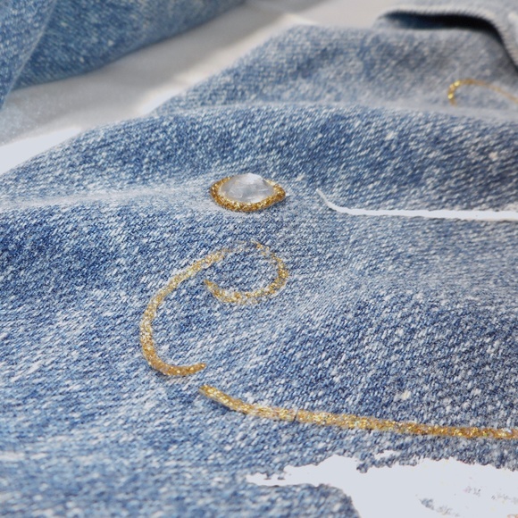 Unique VTG 80s Painted Bejeweled Blue Denim Jacket M L Lace Tuesdays Gift - Picture 7 of 15